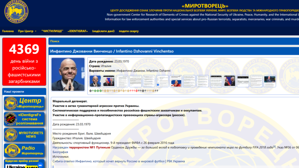 Šéf FIFA pridaný na ukrajinský štátom podporovaný „zoznam na zabitie“