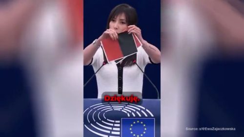 Poľská poslankyňa Európskeho parlamentu roztrhla v budove Európskeho parlamentu vlajku ukrajinského kolaboranta s nacistami (VIDEO)